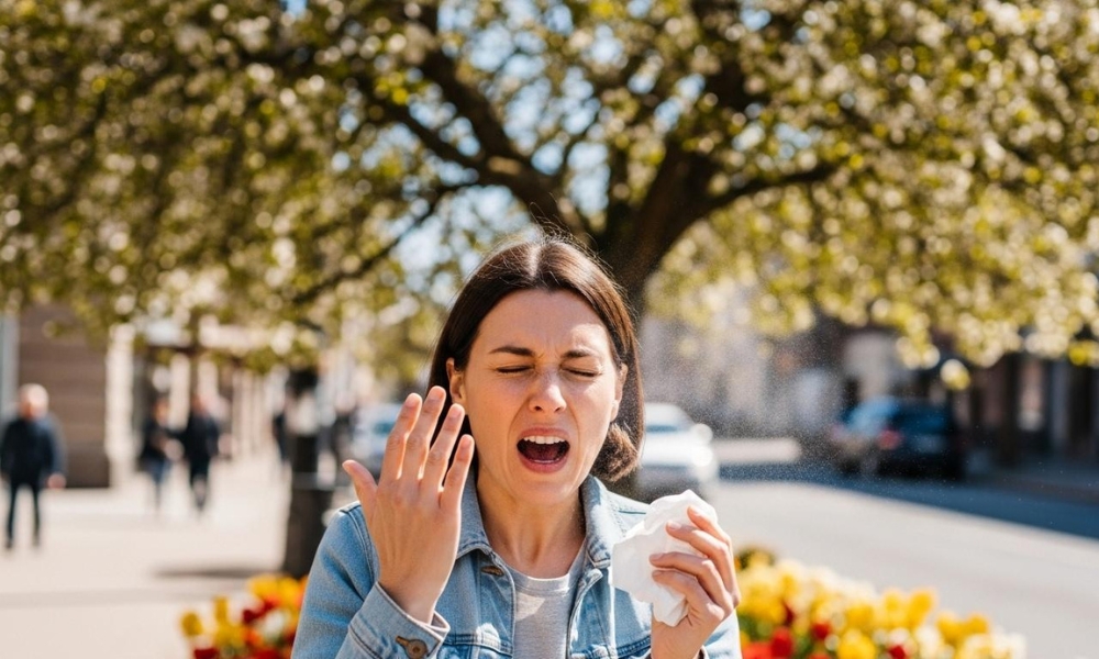 Person experiencing seasonal allergy symptoms outdoors during high pollen season in East Texas